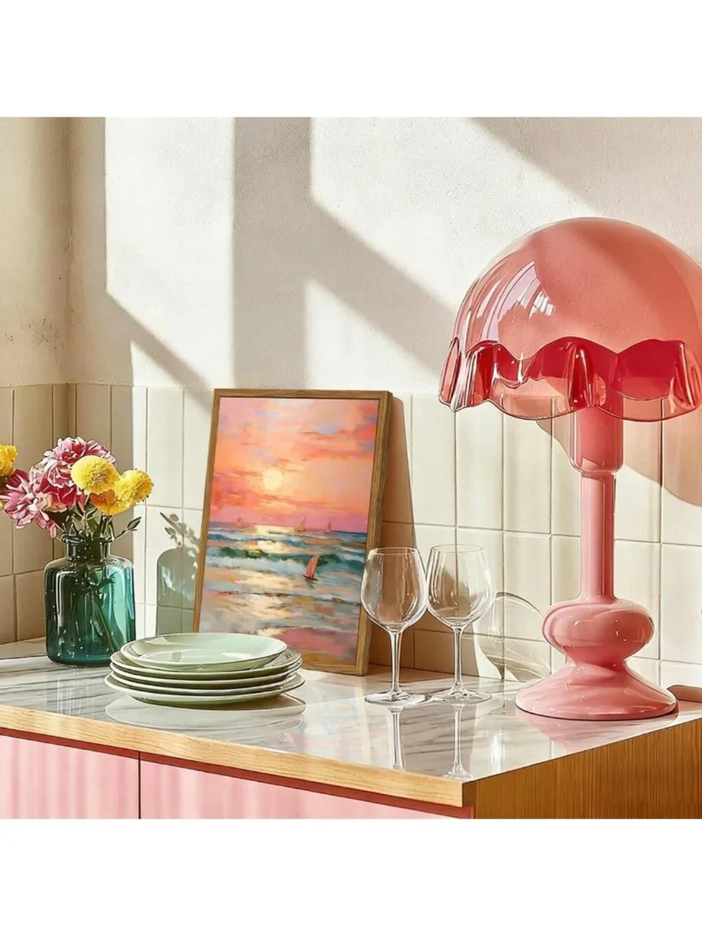 Framed Pink Coastal Canvas Art - Beach Sunset Sailboat Wall Decor, 12x16